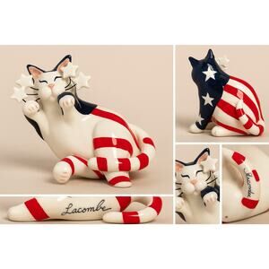 2001 Annaco Lacombe Cat Figurine Patriotic USA Stars Stripes Rare Preowned Mint